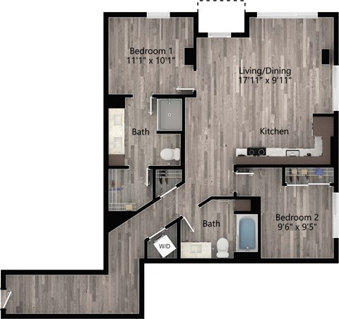 Floor plan for 2 beds, 2 baths, 1133 sqft